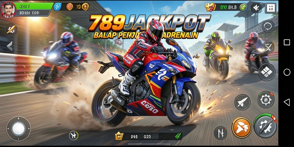 Screenshot gameplay 789JACKPOT menampilkan aksi balap motor yang intens.