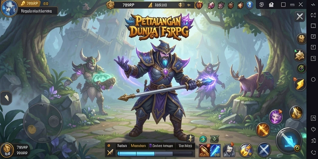 Screenshot utama 789RP menampilkan pertempuran epik dalam dunia fantasi.